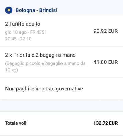 Vendo 2 biglietti Ryanair Bologna gtBrindisi 10 agosto