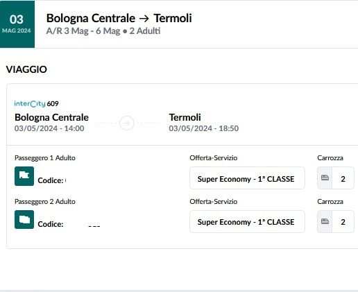 Vendo 2 biglietti treno Bologna - Termoli 3 maggio
