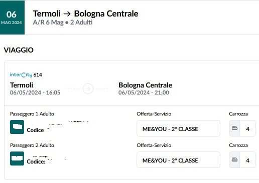 Vendo 2 biglietti treno Termoli - Bologna 6 maggio