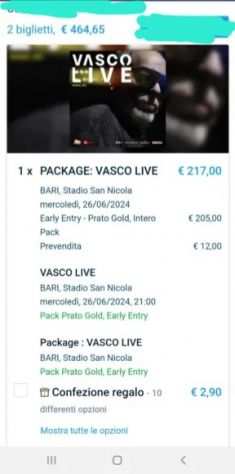 Vendo 2 biglietti Vasco Rossi a Bari