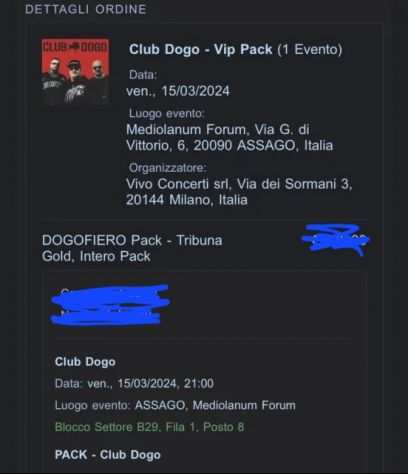 Vendo 2 biglietti VIPpack concerto CLUB DOGO Milano