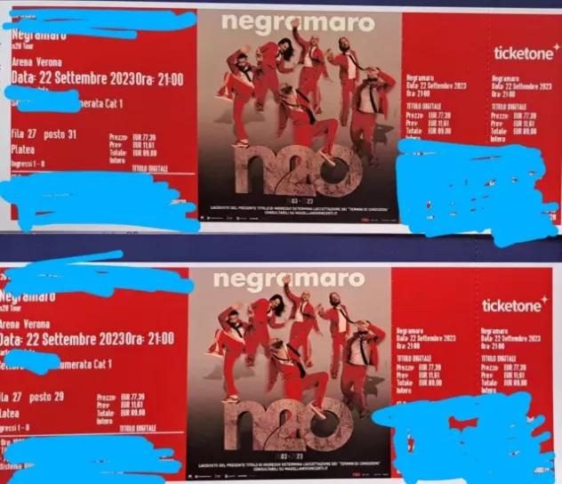 Vendo 3 biglietti concerto Negroamaro Arena Verona