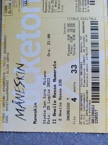 Vendo 3 biglietti per concerto Maneskin 25 luglio a Milano