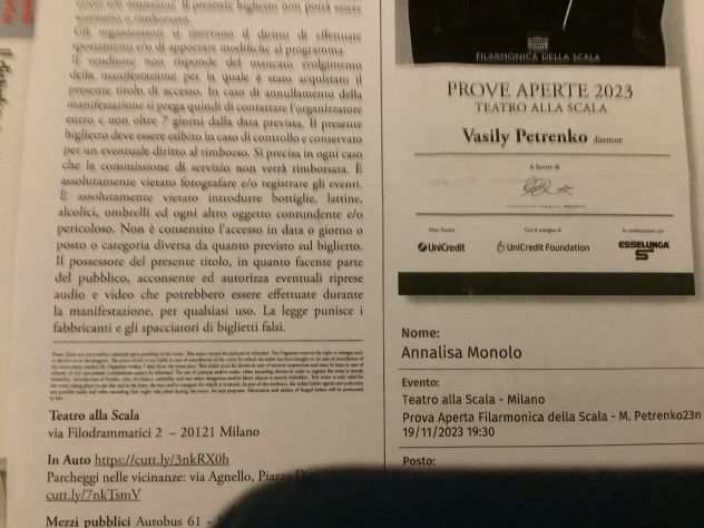 Vendo 3 biglietti prove aperte Filarmonica della Scala il 1911 alle 19 e 30