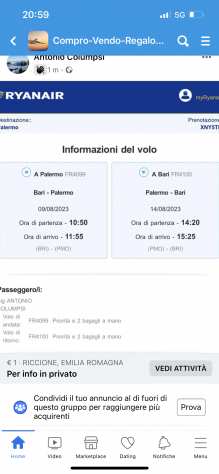 Vendo biglietti Bari Palermo e Palermo Bari