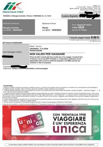 vendo biglietti treno Roma-Parma