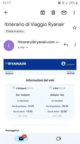 Vendo biglietto aereo Bari Budapest AR