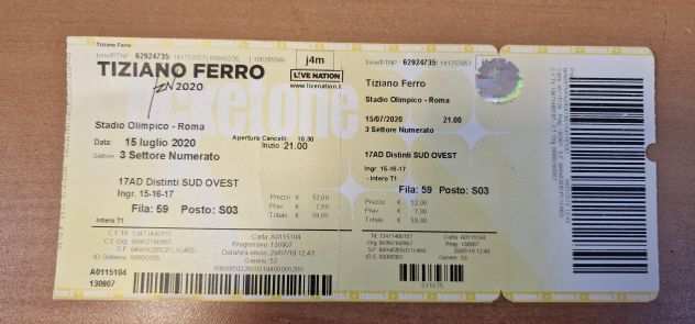 Vendo biglietto concerto Tiziano Ferro 24 giugno 2023 Roma