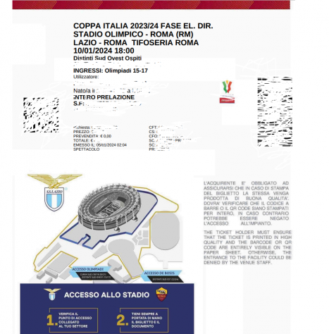 VENDO BIGLIETTO DERBY COPPA ITALIA LAZIO -ROMA 10012024 ORE 18.00 - SETT. ROMA