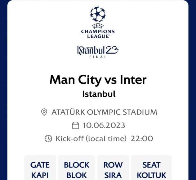 VENDO BIGLIETTO FINALE CHAMPIONS ISTANBUL INTER-CITY categoria 2