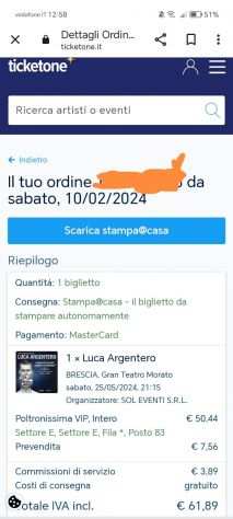Vendo biglietto Luca Argentero Brescia