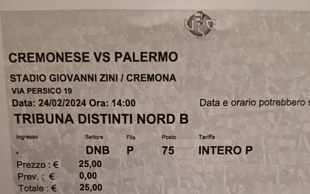 vendo biglietto palermo cremonese