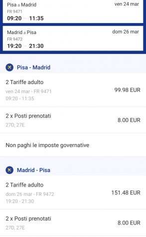 Vendo biglietto per 2 Pisa-Madrid andata e ritorno