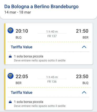 Vendo biglietto Ryanair Bologna-Berlino AR