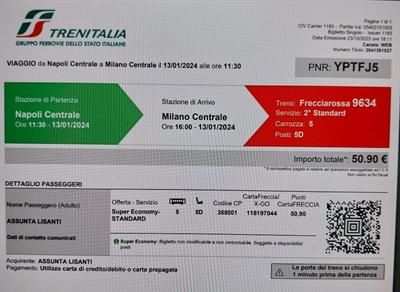 Vendo biglietto trenitalia Napoli -Milano 13012024