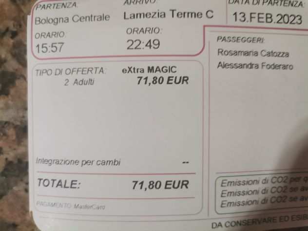 Vendo biglietto treno da Bologna a Lamezia Terme
