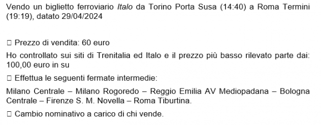 Vendo Biglietto treno Torino P.Susa-Roma T. Lun 29 Aprile 2024
