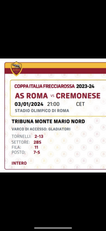 vendo biglietto tribuna monte mario roma-cremonese 30124 prezzo trattabile