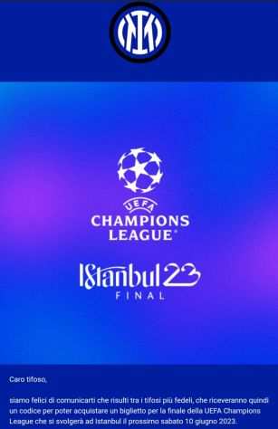 Vendo codicebiglietto finale City - Inter champions league 2023 Istanbul