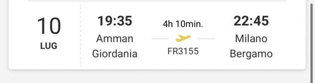 Vendo due biglietti aerei da Amman a Milano Bergamo