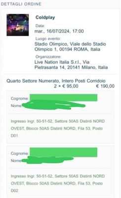 Vendo due biglietti concerto Coldplay a Roma