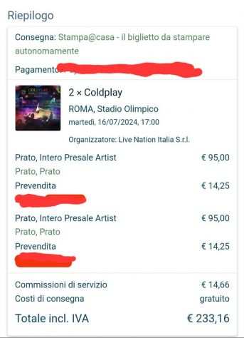 Vendo due biglietti concerto Coldplay Roma 2024