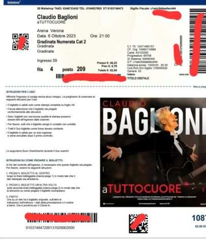 Vendo due biglietti concerto di stasera Baglioni