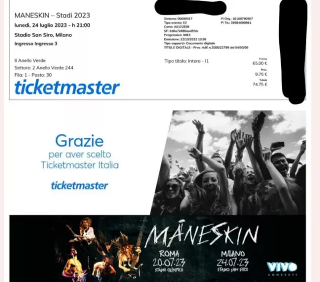 Vendo due biglietti concerto Maneskin Milano 24
