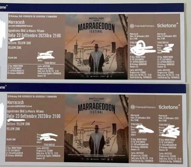 Vendo due biglietti concerto Marracash a Milano Ippodromo