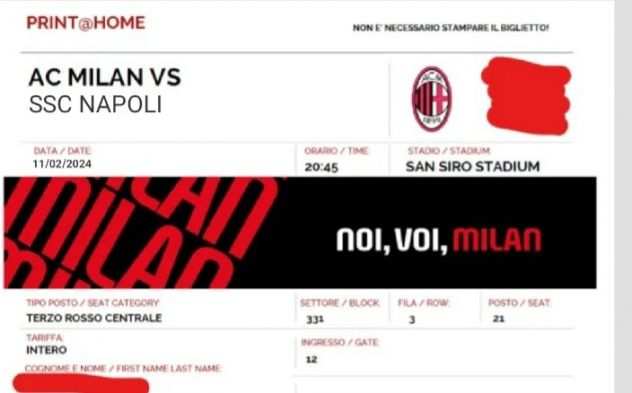 Vendo due biglietti Milan Napoli Serie a