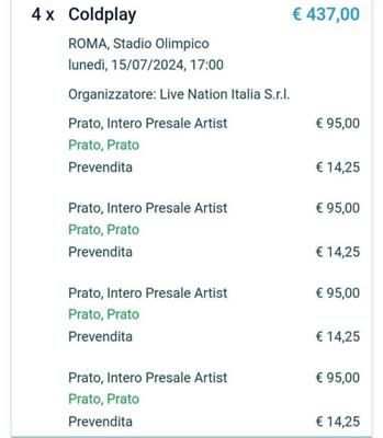 Vendo due biglietti Prato concerto Coldplay 2024