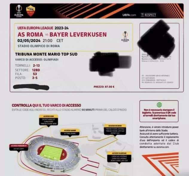 Vendo due biglietti Roma Bayer Leverkusen