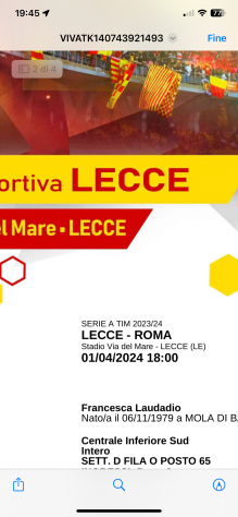 Vendo n. 3 biglietti Lecce Roma 01042024