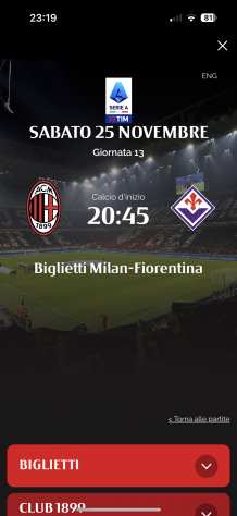 VENDO n.2 MILAN - FIORENTINA sett.225 SECONDO ROSSO CENTRALE