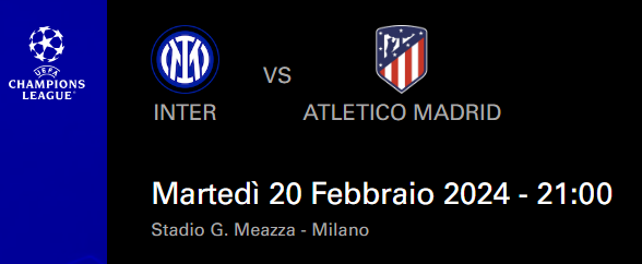 Vendo un biglietto per Inter Atletico Secondo Anello Verde 20022024 ore 21.00