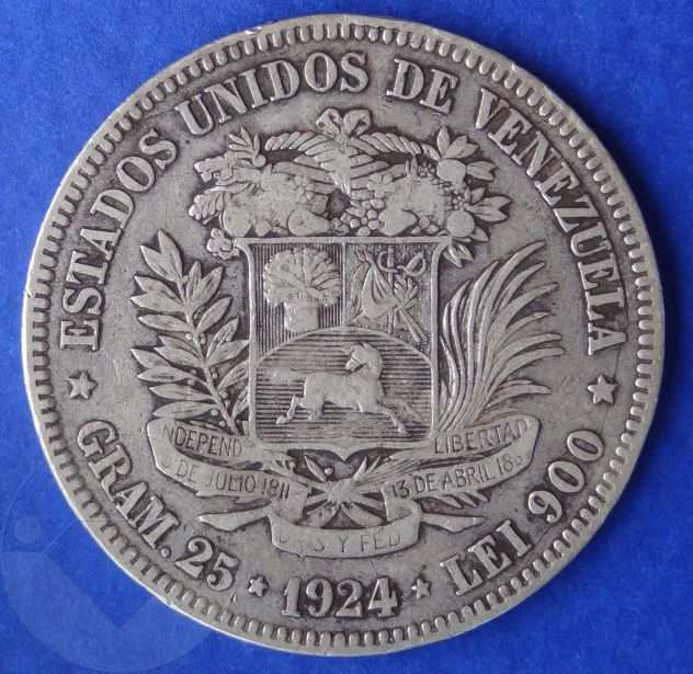 VENEZUELA 1924 Moneta Gram25, 5 Bolivares Argento BB