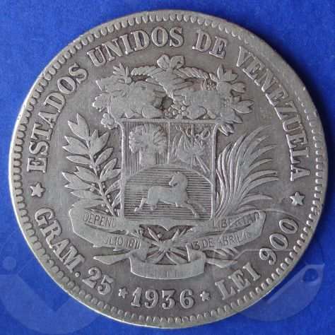 VENEZUELA 1936 Moneta 5 Bolivares Argento