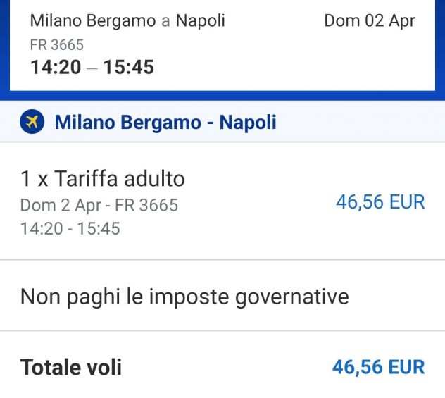 Volo aereo Milano Bergamo-Napoli 02 Aprile