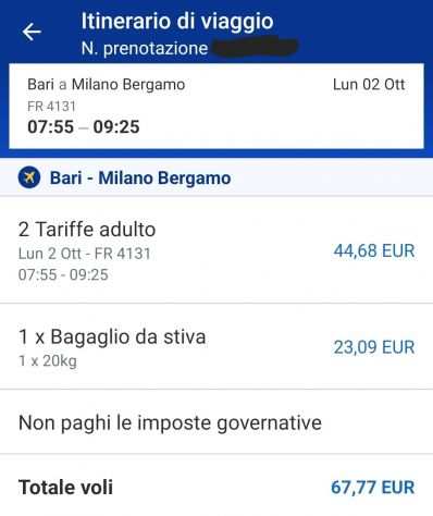 Volo Bari - Milano Bergamo