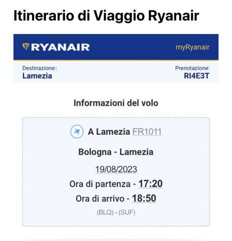 Volo Ryanair Bologna Lamezia Terme
