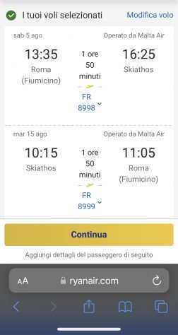 Volo Ryanair Roma Fiumicino - Skiathos AR per 2 persone 5 15 Agosto 2023