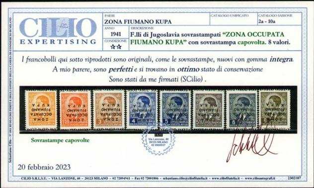 Zona Fiumano Kupa 1941 - Francobolli di Yugoslavia, 8 valori con soprastampa capovolta. Certificati - Sassone 2a10a